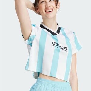 Adidas Women's Blue and White Striped Top